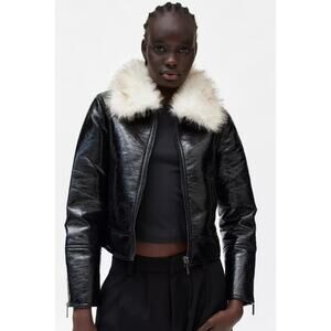 Unreal Fur Aviator Jacket Medium Black Bomber Fur Collar Wet Look Vegan Leather